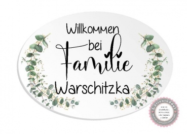 Preview: zauberhaftes ovales Türschild Eukalyptus und Wunschname - zur Einweihung, Richtfest, Einzug Geburtstag vonLüttentüddel®